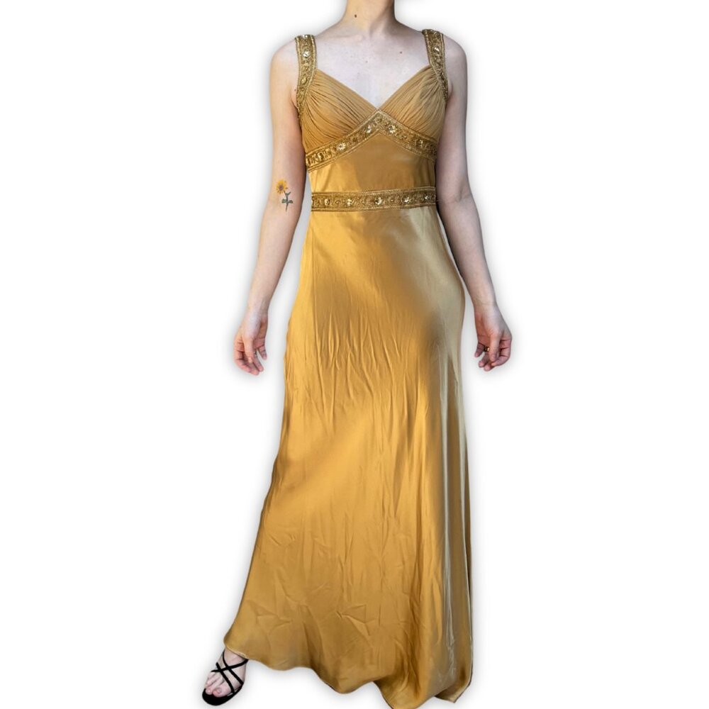 Dusk Collection Evening Gown Beaded Bodice Gold Silk Sleeveless Size 6